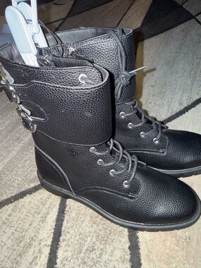 Black Textured Combat Boots with Buckle Detail (Brand New)